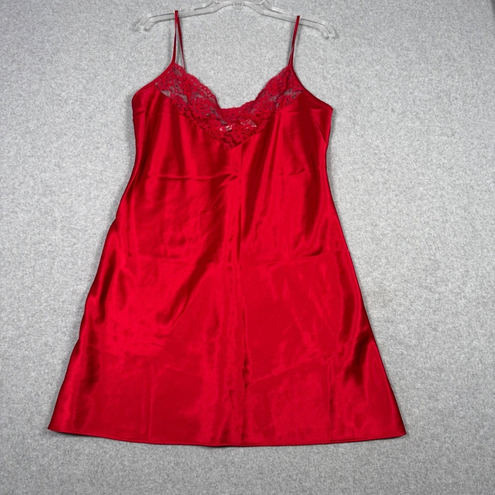 Vintage Y2K Studio 10001 Red Satin Lace Chemise Slip Dress Size L Indie Sleeze